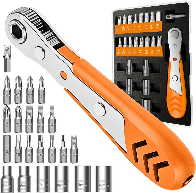 TOOLMAK Right Angle Screwdriver 24 in 1 Ratchet Screwdriver Set with Mini Ratchet Wrench for Tight Spaces, Bike Repair & DIY Projects - Image 1